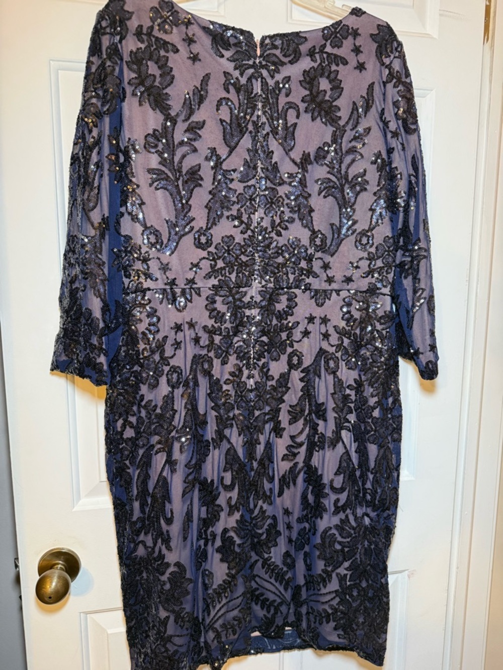 Papell Studios Navy Sequined V Neck Sheath Dress Sz 18 Plus Floral Beige Lined - Picture 8 of 10